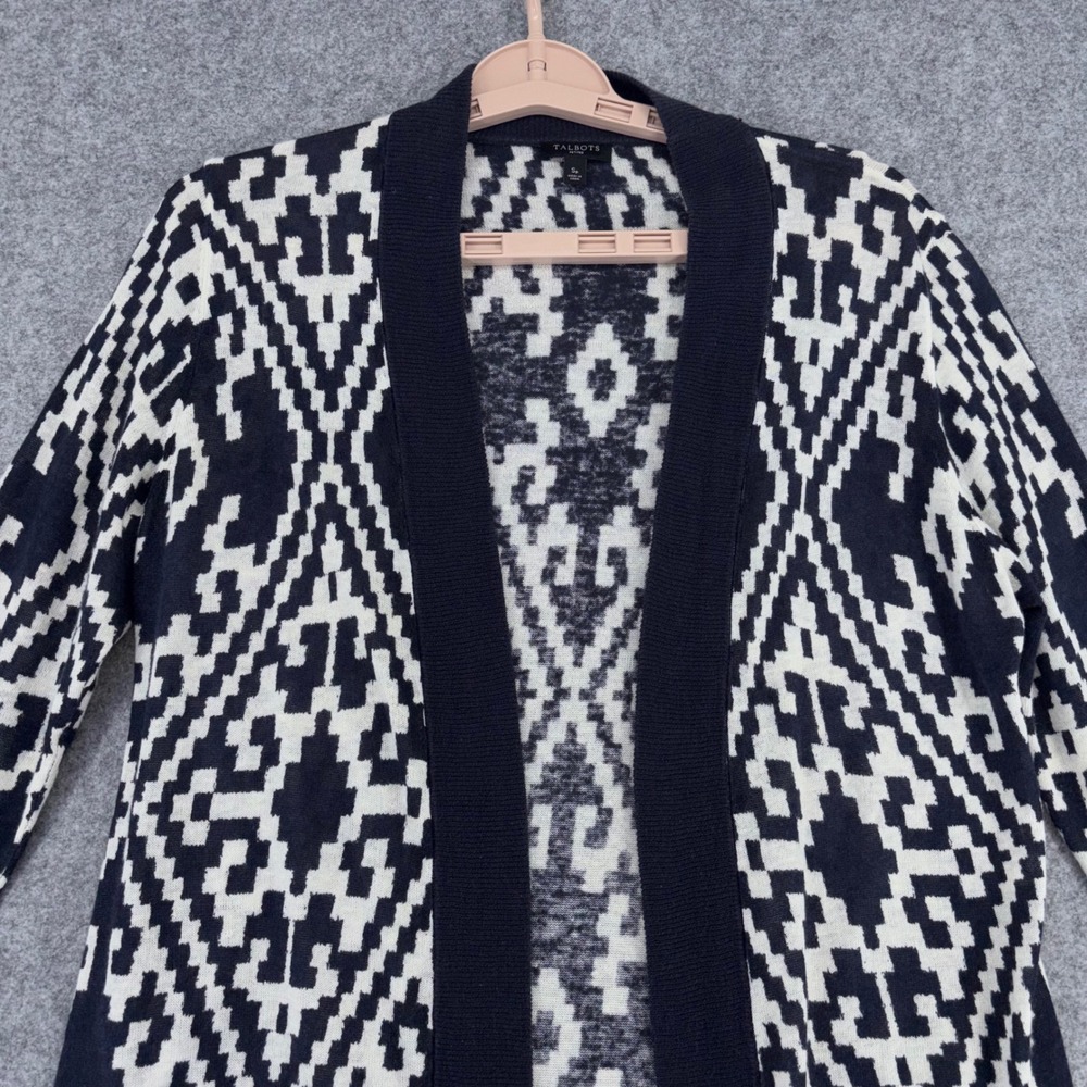 Talbots Petites Navy White Ikat Geometric Linen Cotton Open Front Cardigan SP